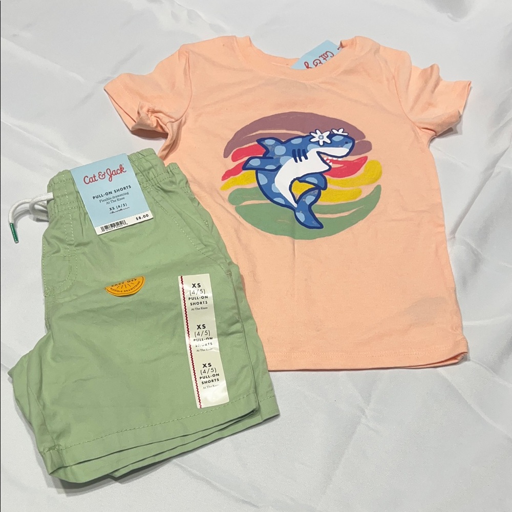 Cat & Jack Coral Shark Tee size 3 and Mint Shorts size 4/5 NWT
